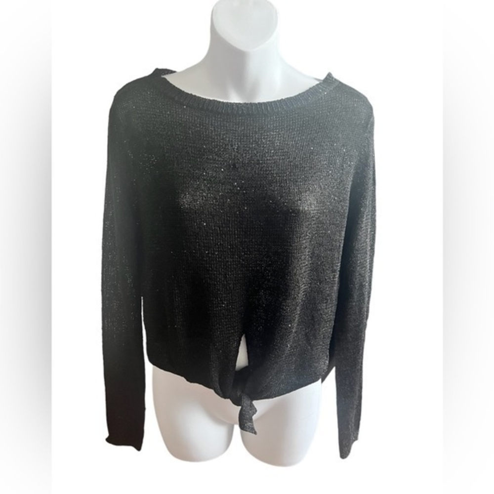 Zara Knit Black Sequin/Shimmer Long Sleeve Front Tie Sweater‎ M